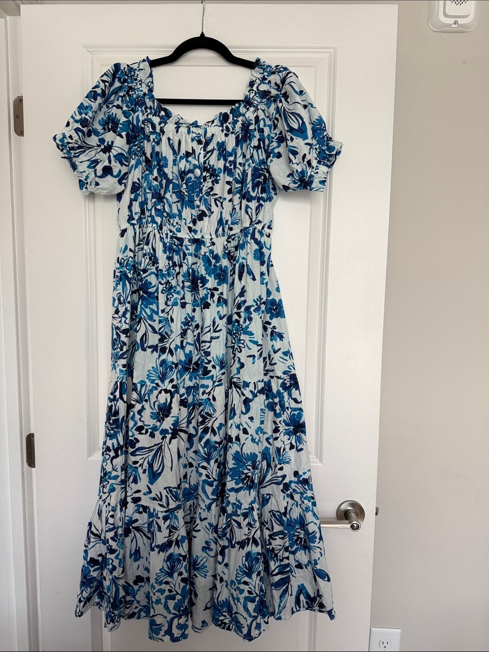 Blue Floral Midi Dress — Smocked Puff-Sleeve Midi